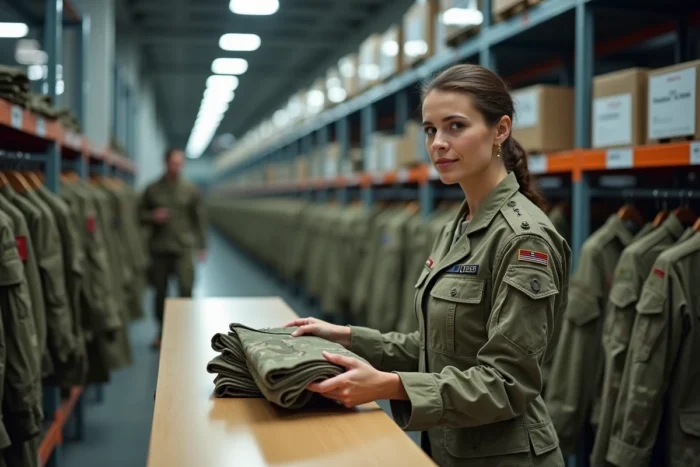Quartier-maîtresse militaire distribuant des vêtements réglementaires dans un dépôt d'habillement de l'armée française