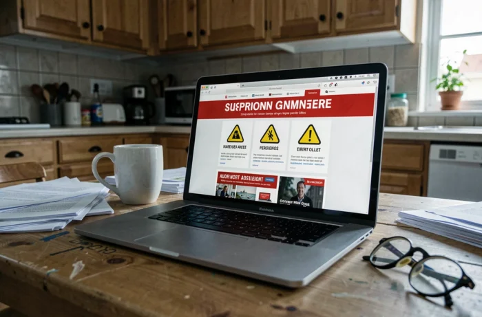 Écran d'ordinateur affichant un site frauduleux Faljam avec alertes de sécurité sur une table de cuisine