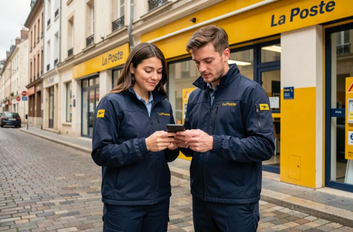 Deux employés La Poste en uniforme consultant une commande de vêtements sur smartphone devant une agence