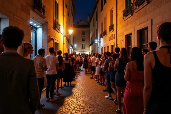 File d'attente devant l'entrée d'une boîte de nuit dans les ruelles pavées du centre historique d'Aix-en-Provence
