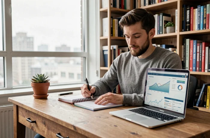 Jeune entrepreneur prenant des notes dans un carnet business à son bureau à domicile entouré de livres de management