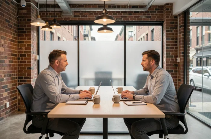 Deux entrepreneurs discutant de stratégie business autour d'une table dans un espace de co-working moderne