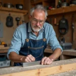 Homme utilisant une équerre de charpentier en acier pour aligner une planche en bois dans un atelier de bricolage