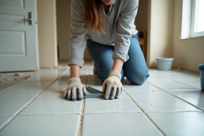 Femme utilisant une équerre plastique pour tracer des angles droits sur des carreaux de sol lors de travaux de rénovation de salle de bain