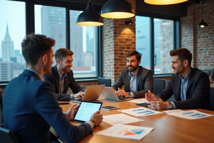 Équipe pluridisciplinaire collaborant autour d'une table sur des projets de transformation numérique en entreprise