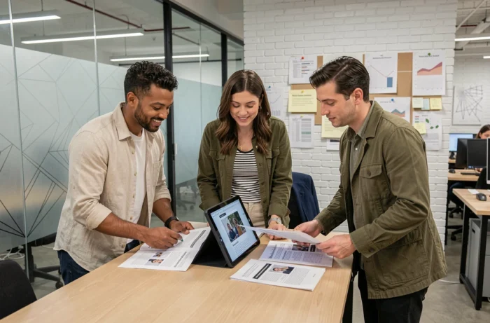 Équipe de collègues analysant des informations et actualités en ligne dans un espace de co-working moderne