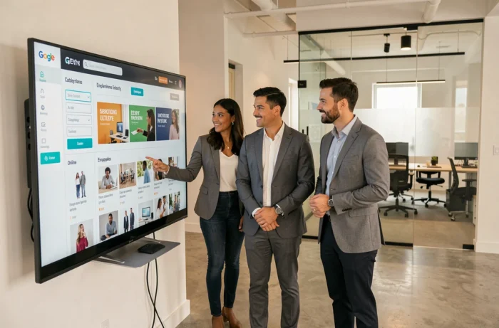 Équipe de salariés discutant d'une boutique en ligne d'entreprise devant un écran dans un bureau moderne