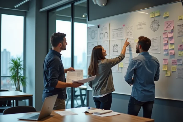 Équipe marketing collaborant sur une stratégie SEO devant un tableau blanc dans un espace de coworking