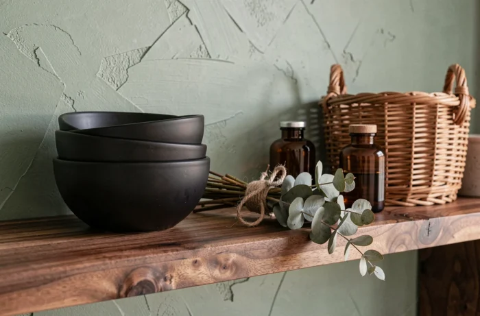 Étagère cuisine tendance avec céramiques noires, eucalyptus séché et objets décoratifs artisanaux