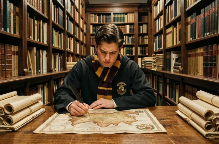 Étudiant en uniforme de Poudlard étudiant une carte magique dans une bibliothèque gothique, représentant la quête principale de Hogwarts Legacy