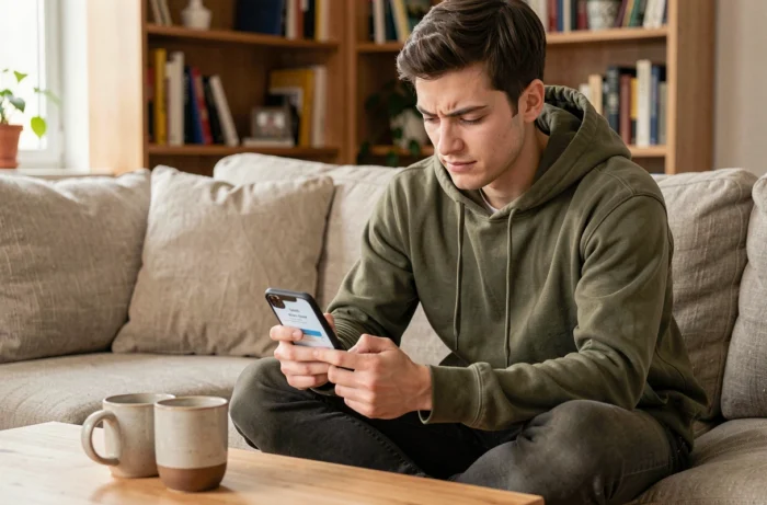 Étudiant connecté à son application mobile de formation en ligne depuis son canapé à domicile