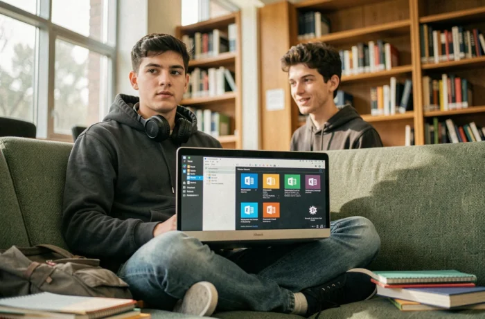 Étudiant installant Microsoft Office gratuitement sur MacBook Air dans une bibliothèque universitaire