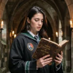 Étudiante en robe de sorcière tenant un grimoire dans un couloir en pierre de style Poudlard, illustrant la progression dans le scénario principal de Hogwarts Legacy