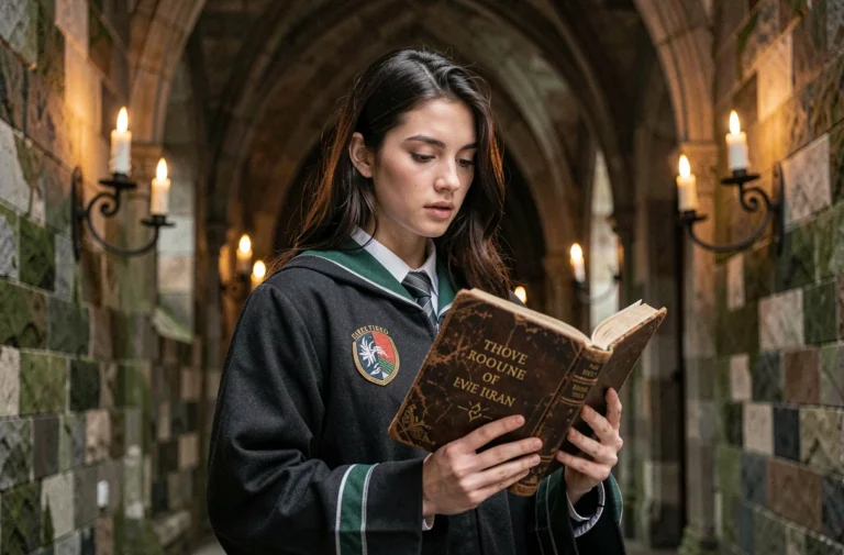 Étudiante en robe de sorcière tenant un grimoire dans un couloir en pierre de style Poudlard, illustrant la progression dans le scénario principal de Hogwarts Legacy