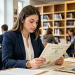 Étudiante consultant des documents académiques et un titre RNCP dans une bibliothèque universitaire moderne