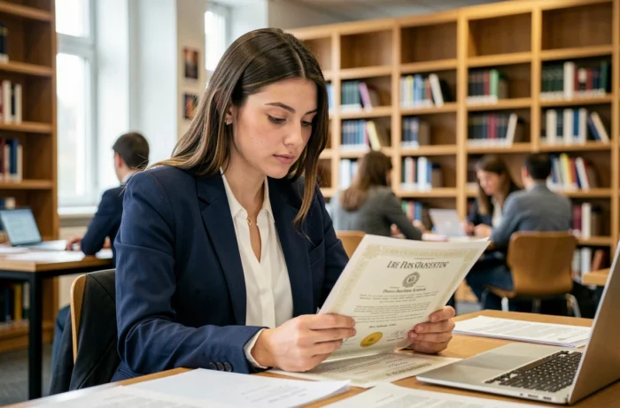 Étudiante consultant des documents académiques et un titre RNCP dans une bibliothèque universitaire moderne