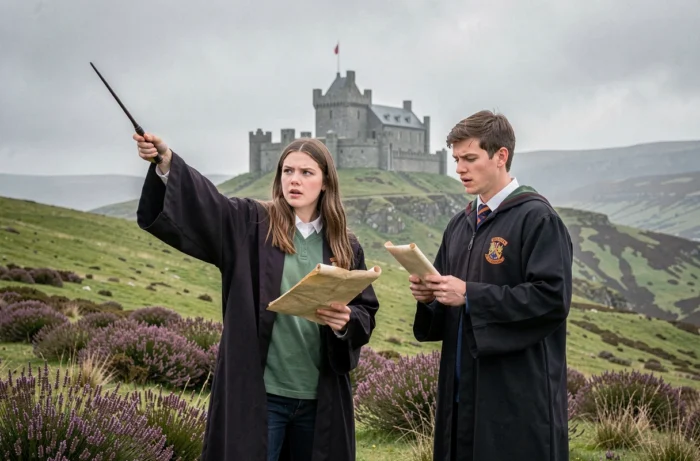 Deux étudiants de Poudlard en robes de maison face à un château écossais dans les Highlands brumeux, évoquant la conclusion épique du jeu Hogwarts Legacy