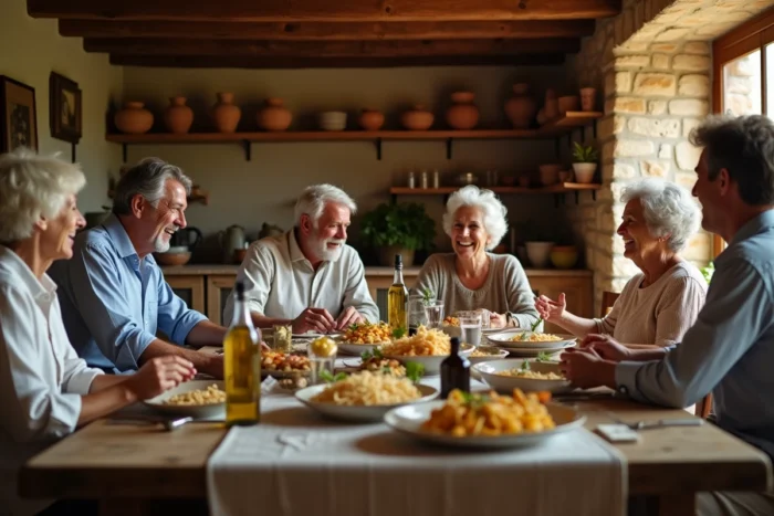 Famille italienne réunie autour d'une grande table dans une cuisine rustique toscane, ambiance conviviale et héritage culinaire