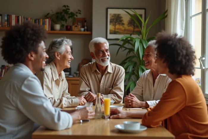 Famille multigénérationnelle réunie dans un appartement parisien, illustration de la vie familiale de personnalités médiatiques françaises d'origine antillaise