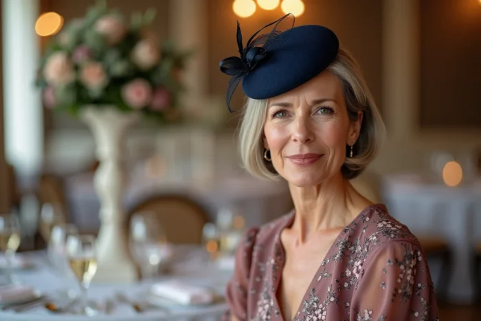 Femme distinguée aux cheveux courts sel et poivre portant un fascinator bleu marine lors d'une réception de mariage intérieure