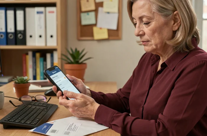Femme mettant à jour son adresse postale via une application bancaire sur smartphone