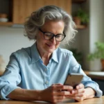 Femme utilisant une application mobile de suivi du diabète sur smartphone dans une cuisine moderne
