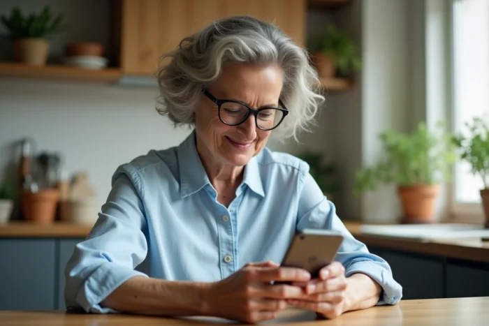 Femme utilisant une application mobile de suivi du diabète sur smartphone dans une cuisine moderne