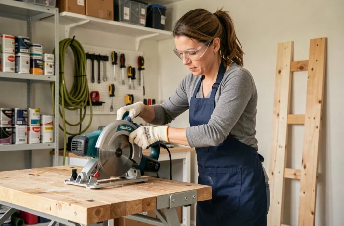 Femme bricoleur réglant l'angle de biseau d'une scie circulaire Makita DHS680Z dans un garage domestique aménagé