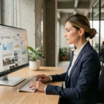 Femme professionnelle consultant des actualités et analyses en ligne sur un grand écran dans un bureau moderne