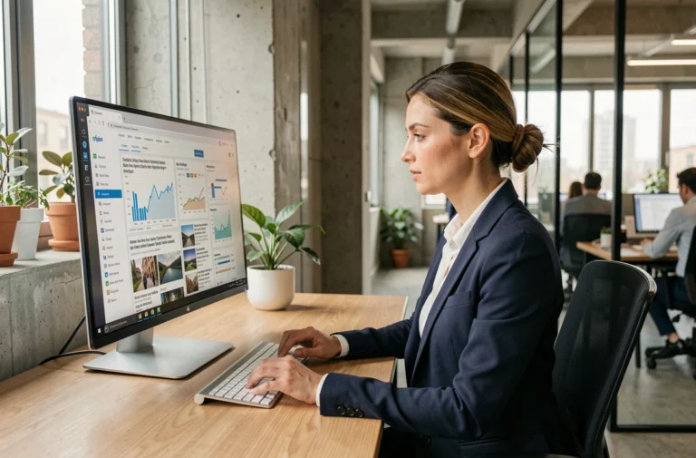 Femme professionnelle consultant des actualités et analyses en ligne sur un grand écran dans un bureau moderne