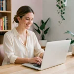 Femme souriante au bureau contactant le service client Maman & Moi depuis son ordinateur portable