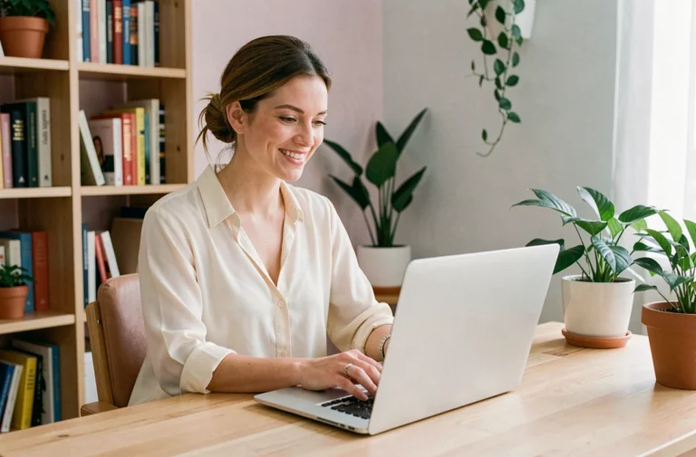 Femme souriante au bureau contactant le service client Maman & Moi depuis son ordinateur portable