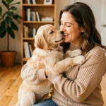 Femme souriante tenant un chiot golden retriever dans ses bras dans un salon moderne, illustrant l'amour des animaux de compagnie