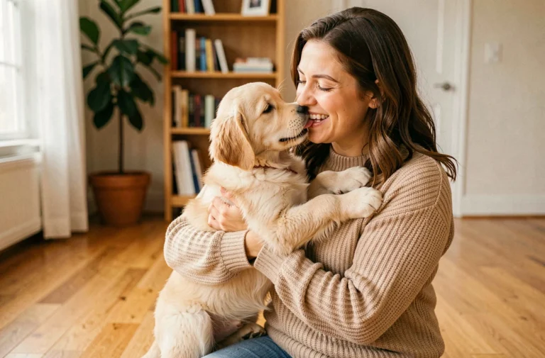 Femme souriante tenant un chiot golden retriever dans ses bras dans un salon moderne, illustrant l'amour des animaux de compagnie
