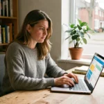 Femme comparant les prix de plateformes de formation en ligne sur son ordinateur portable dans un bureau à domicile