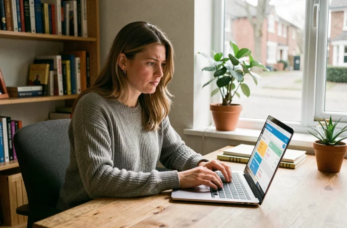 Femme comparant les prix de plateformes de formation en ligne sur son ordinateur portable dans un bureau à domicile