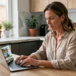 Femme consultant les actualités Direct Home sur un ordinateur portable dans une cuisine moderne en 2024