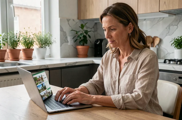 Femme consultant les actualités Direct Home sur un ordinateur portable dans une cuisine moderne en 2024