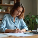 Femme remplissant un dossier de demande de logement social à son bureau à domicile avec un ordinateur portable affichant un portail administratif