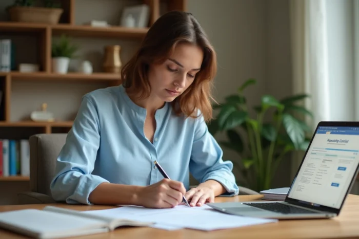 Femme remplissant un dossier de demande de logement social à son bureau à domicile avec un ordinateur portable affichant un portail administratif