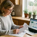 Femme consultant des documents d'assurance habitation à une table en bois avec un ordinateur portable