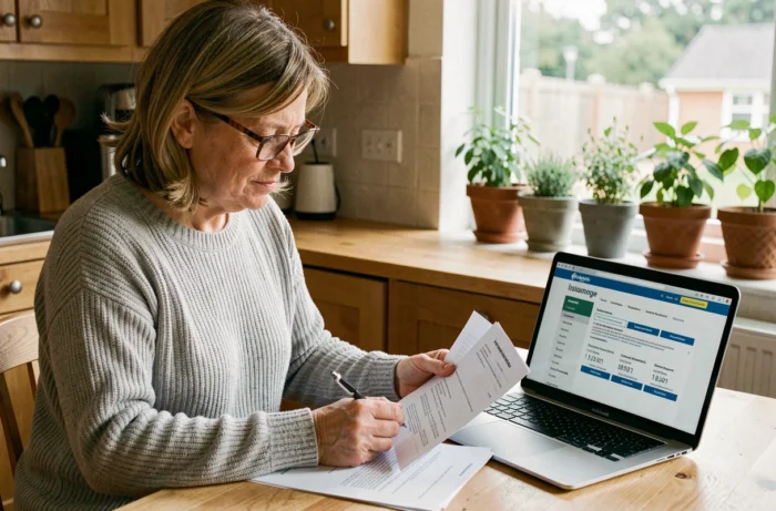 Femme consultant des documents d'assurance habitation à une table en bois avec un ordinateur portable
