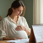 Femme enceinte belge consultant un calendrier pour calculer sa date d'accouchement à domicile