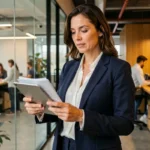 Femme entrepreneureure en blazer marine analysant des documents sur tablette dans un bureau moderne en open space