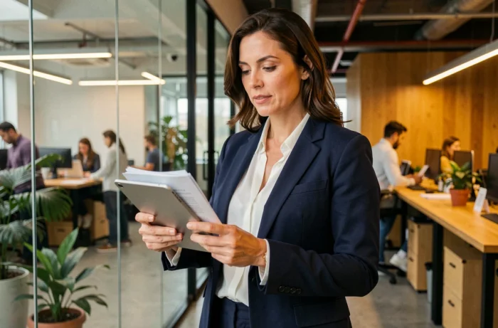 Femme entrepreneureure en blazer marine analysant des documents sur tablette dans un bureau moderne en open space