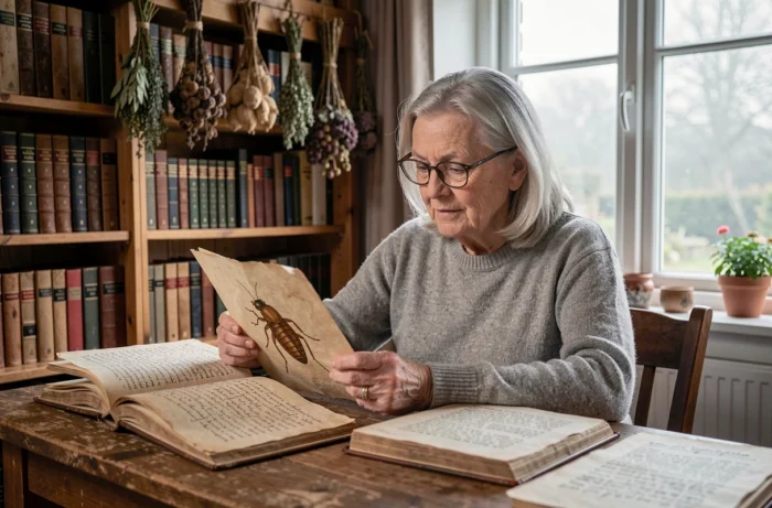 Femme âgée étudiant la symbolique spirituelle des puces dans une bibliothèque ancienne entourée de livres ésotériques