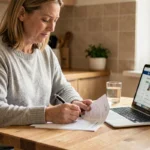 Femme remplissant un formulaire de changement d'adresse bancaire à la maison