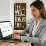 Femme professionnelle gérant ses documents en sécurité sur un portail en ligne depuis son bureau à domicile