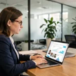 Femme professionnelle gérant une boutique en ligne de salariés sur un tableau de bord e-commerce dans un bureau moderne