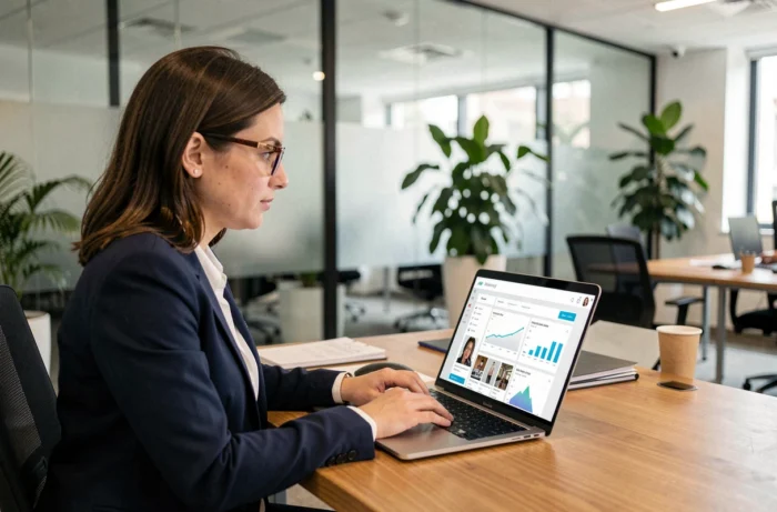 Femme professionnelle gérant une boutique en ligne de salariés sur un tableau de bord e-commerce dans un bureau moderne